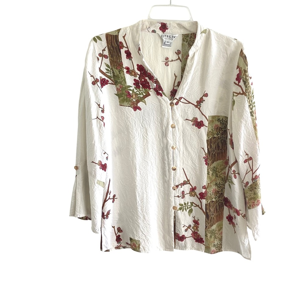 Citron Santa Monica 100% Silk Beaded Cherry Blossom Jacquard Blouse White Red M